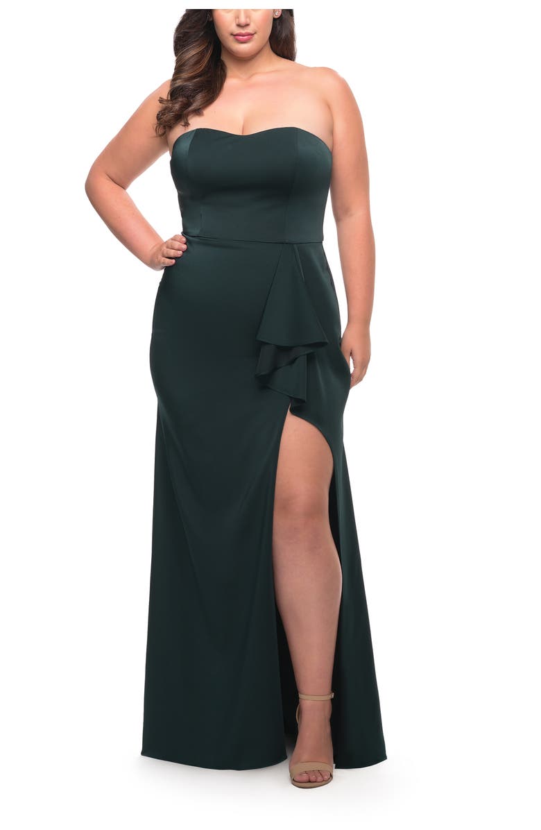 La Femme Strapless Plus Size Dress with Ruffle Slit Detail, Alternate, color, Dark Emerald