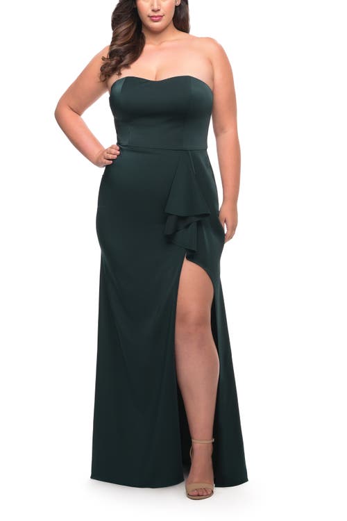 La Femme Strapless Plus Size Dress With Ruffle Slit Detail In Dark Emerald