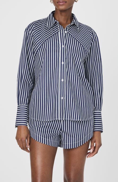 Shop French Connection Alexis Stripe Oversize Crossover Cotton Button-up Shirt In Marine Summer White
