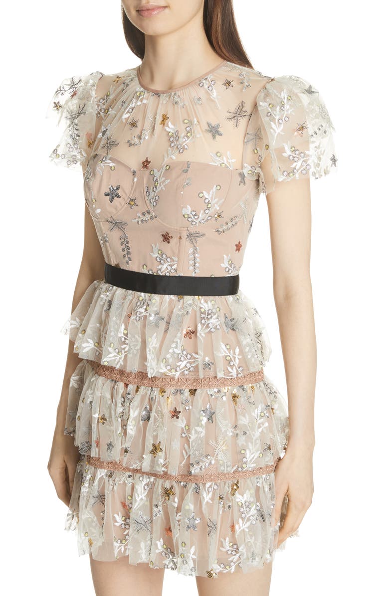 Self-Portrait Sequin Mesh Tiered Dress, Alternate, color, 