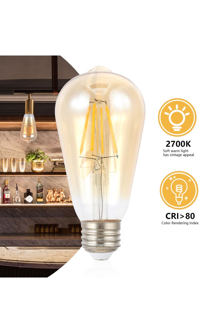 Vintage Non-Dimmable ST58-4W LED Edison Bulbs with E26 Base, 80+ CRI, Warm White 2700K, 350 Lumens, Tinted Amber, Alternate, color, Amber