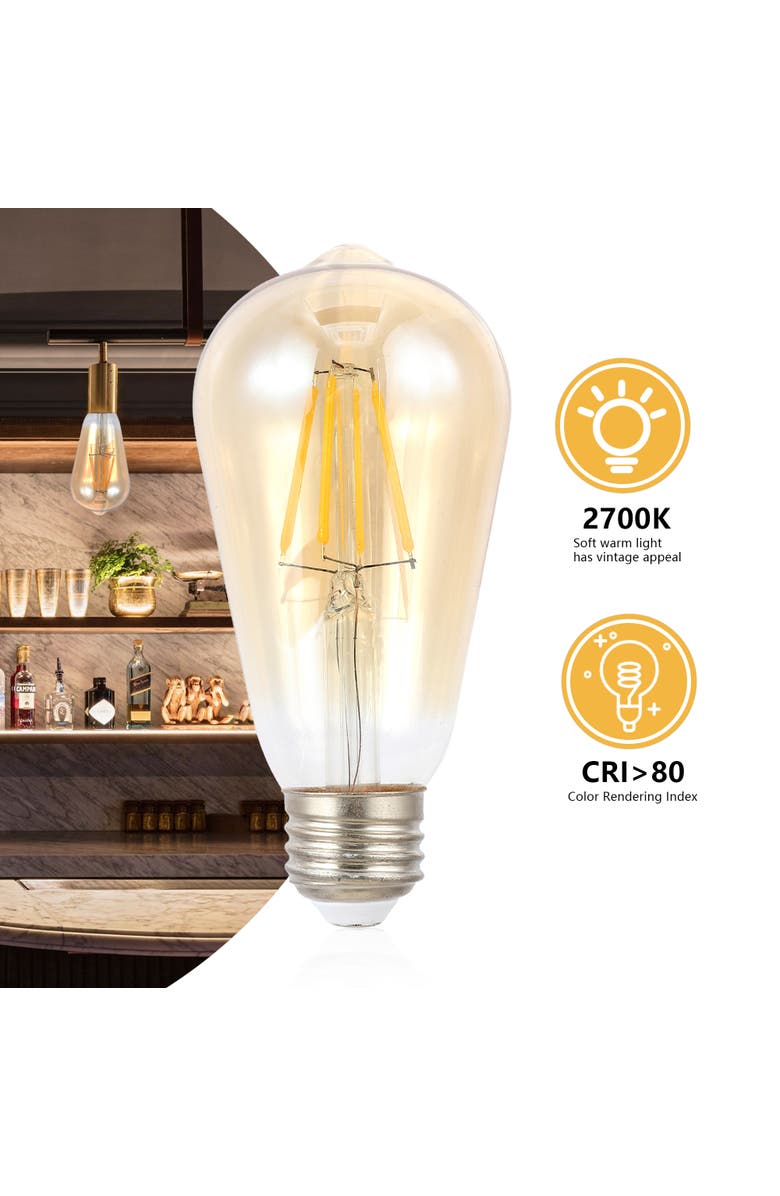 JONATHAN Y Vintage Non-Dimmable ST58-4W LED Edison Bulbs with E26 Base, 80+ CRI, Warm White 2700K, 350 Lumens, Tinted Amber, Alternate, color, Amber