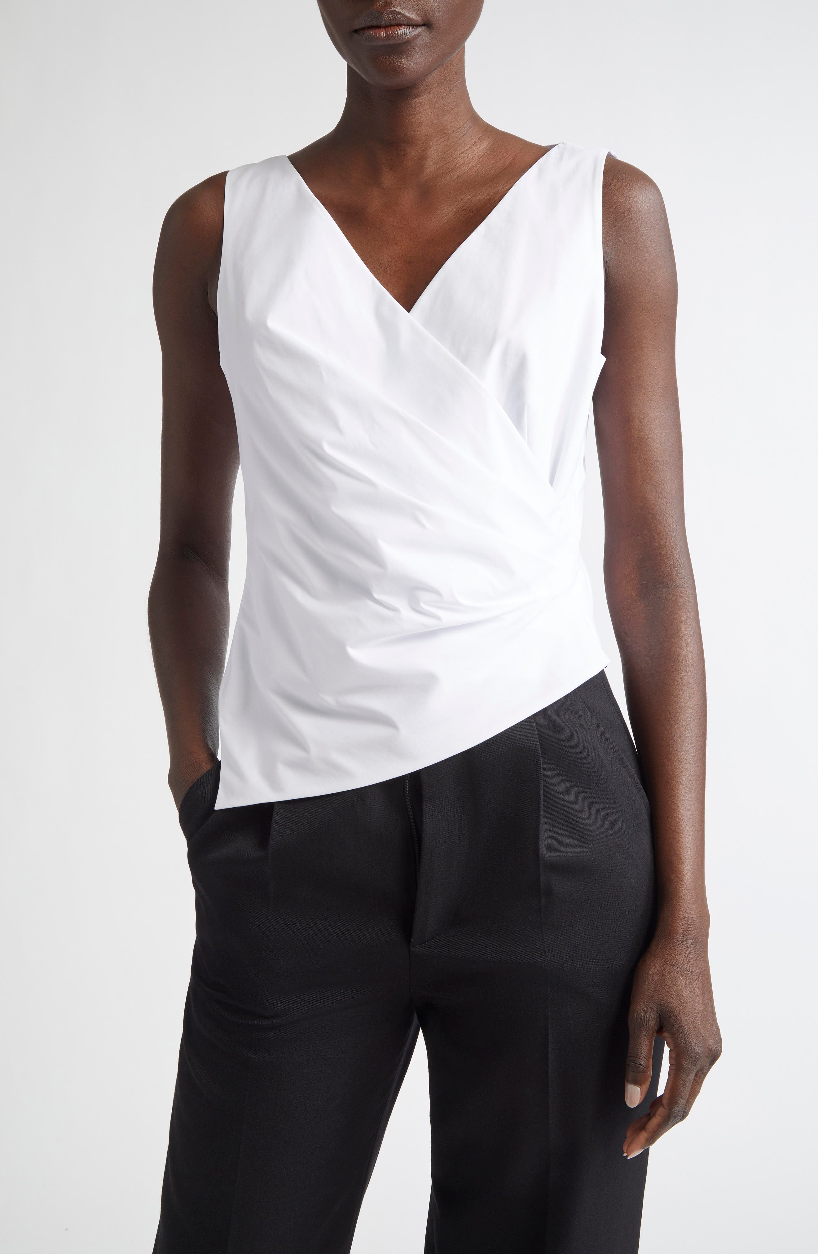 Lafayette 148 New York Sleeveless Wrap Front Stretch Cotton Blend Top
