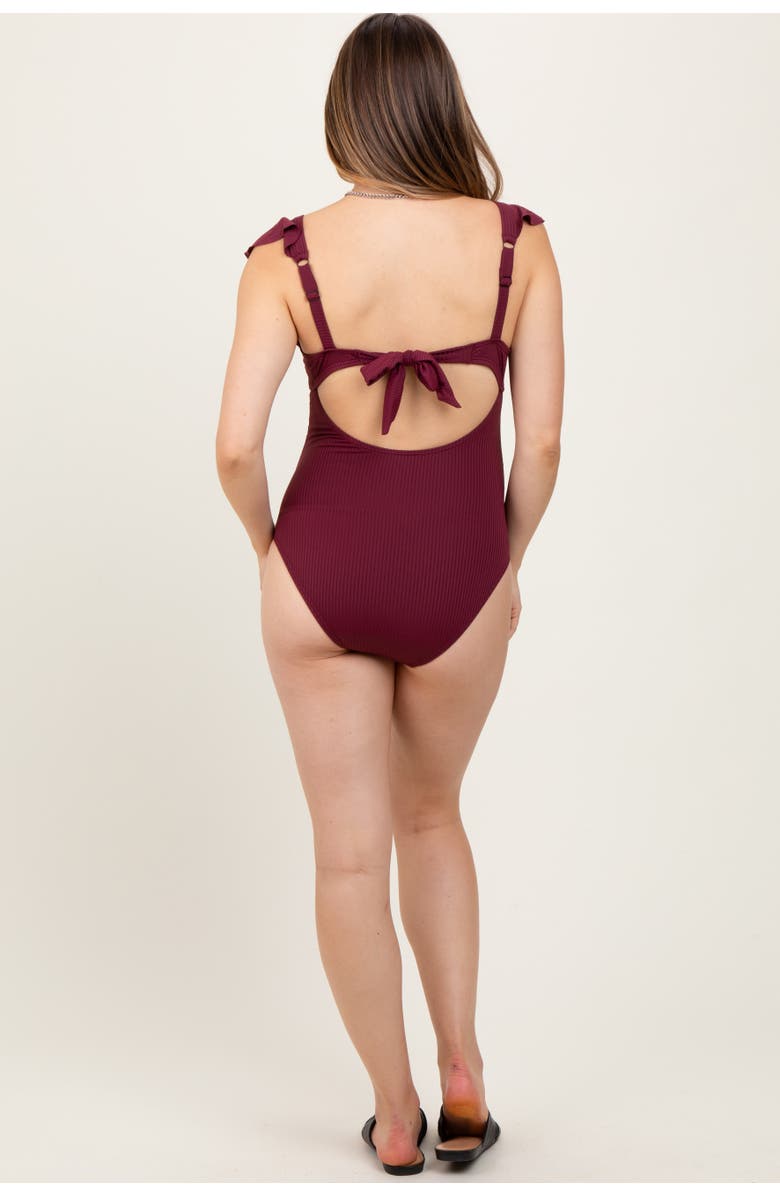 PinkBlush Ribbed Front Tie Cutout Ruched Maternity Swimsuit, Alternate, color, Burgundy