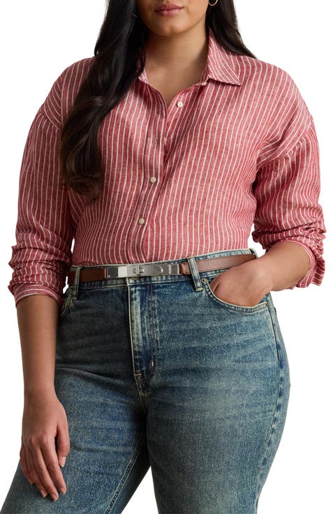 Relaxed Fit Stripe Linen Button-Up Shirt (Plus)
