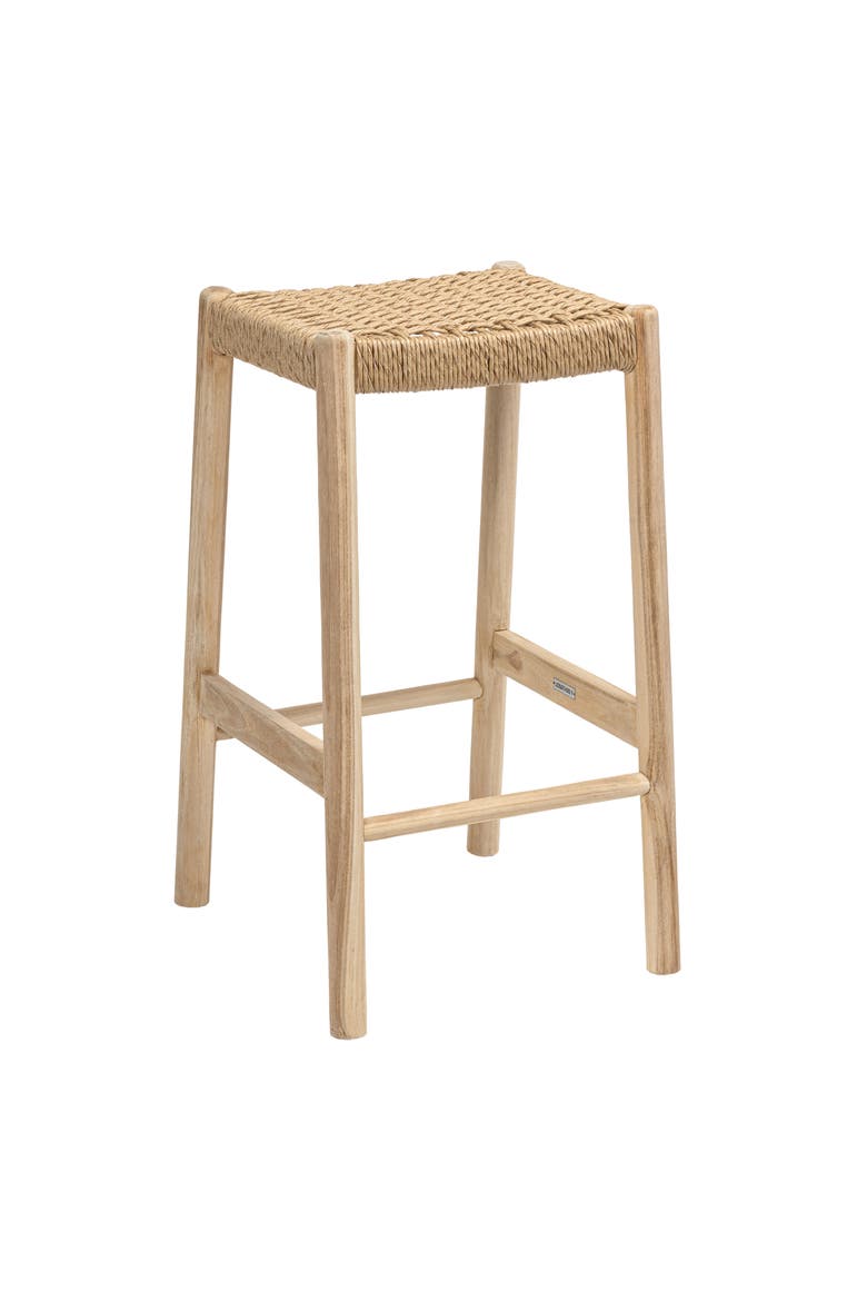Armati Coastal Wood Backless Indoor/Outdoor Counter Stool, with Woven Synthetic Rattan Seat for Kitchen or Patio, Main, color, Natural Finish -29.5"