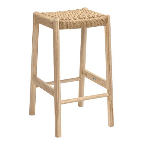 Armati Coastal Casual Handcrafted Teak Wood Backless Indoor/Outdoor Counter Stool with Synthetic Woven Seat