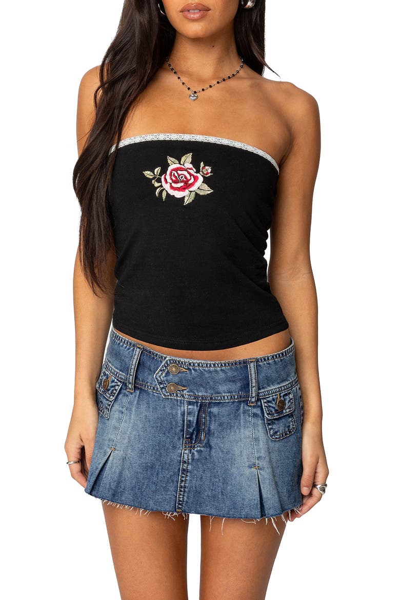 Enora Rose Embroided Cotton Tube Top, Main, color, BLACK