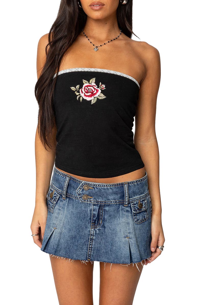 EDIKTED Enora Rose Embroided Cotton Tube Top, Main, color, Black