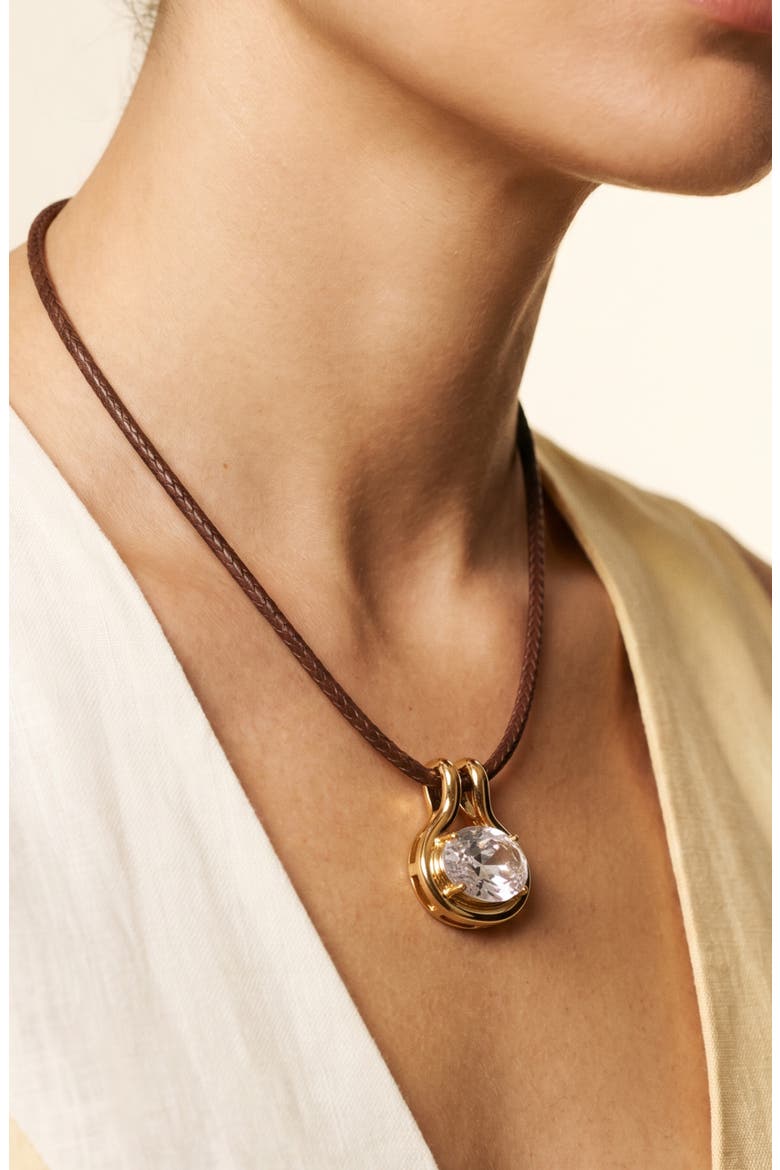 Braided Cord Cubic Zirconia Pendant Necklace, Alternate, color, GOLD/ BROWN