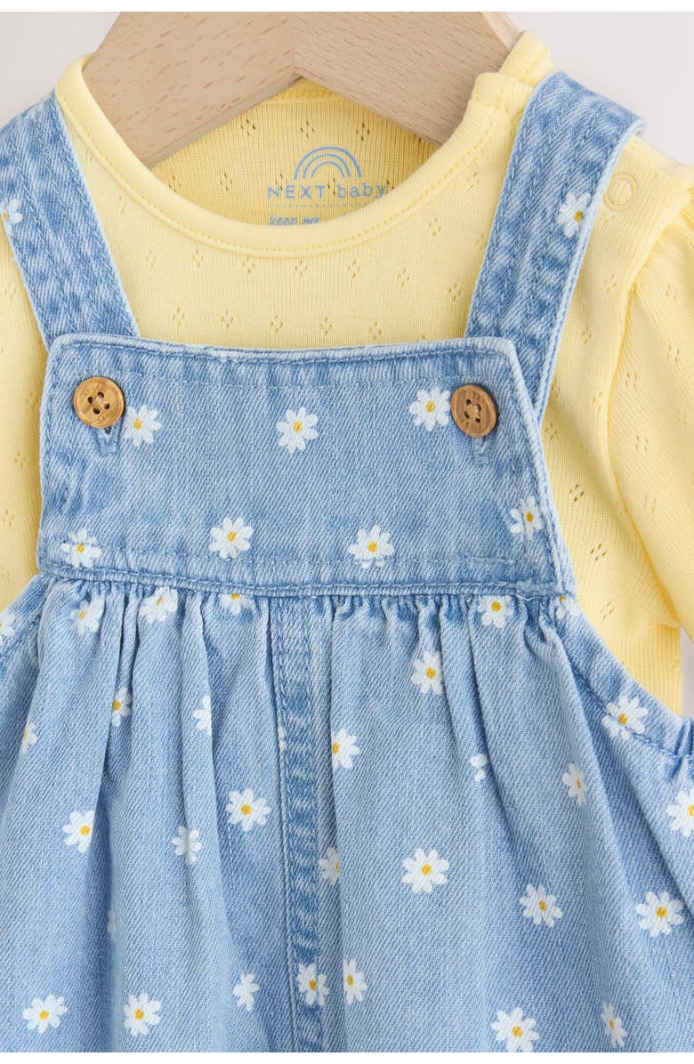 NEXT Daisy Print Denim Overalls & Cotton Pointelle Bodysuit Set, Alternate, color, Yellow/Blue