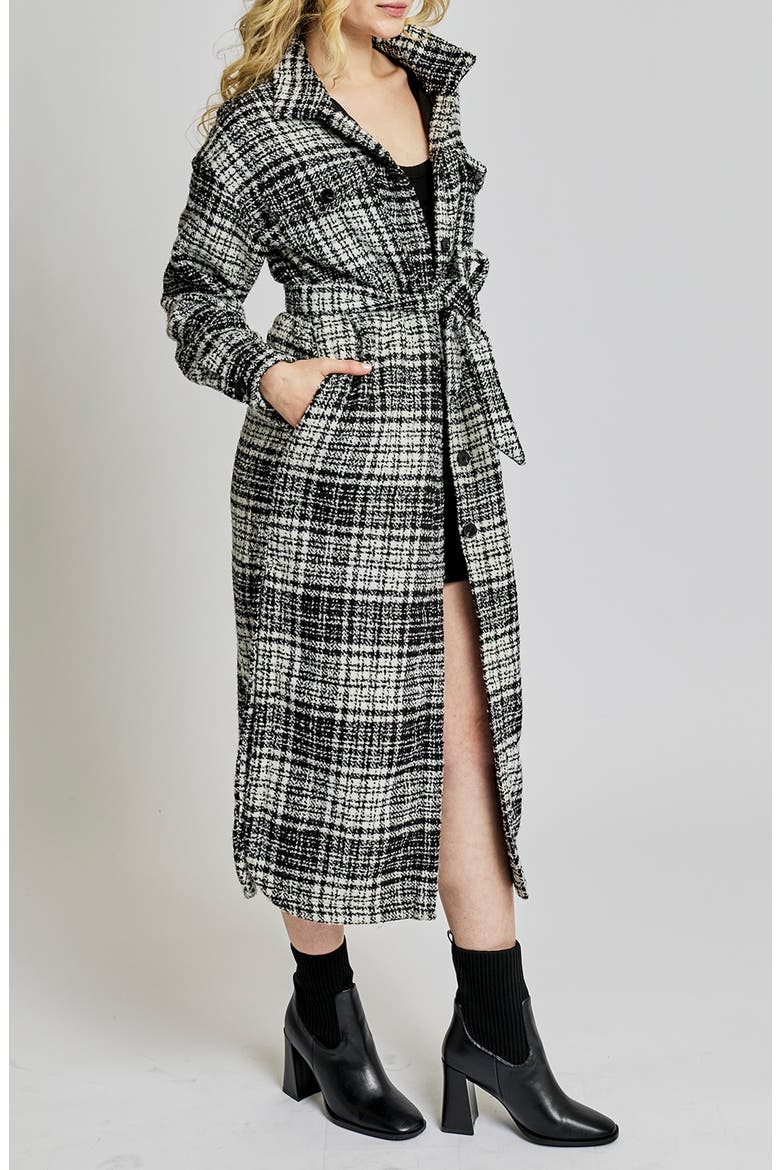Hayley Plaid Belted Long Coat, Alternate, color, BLACK