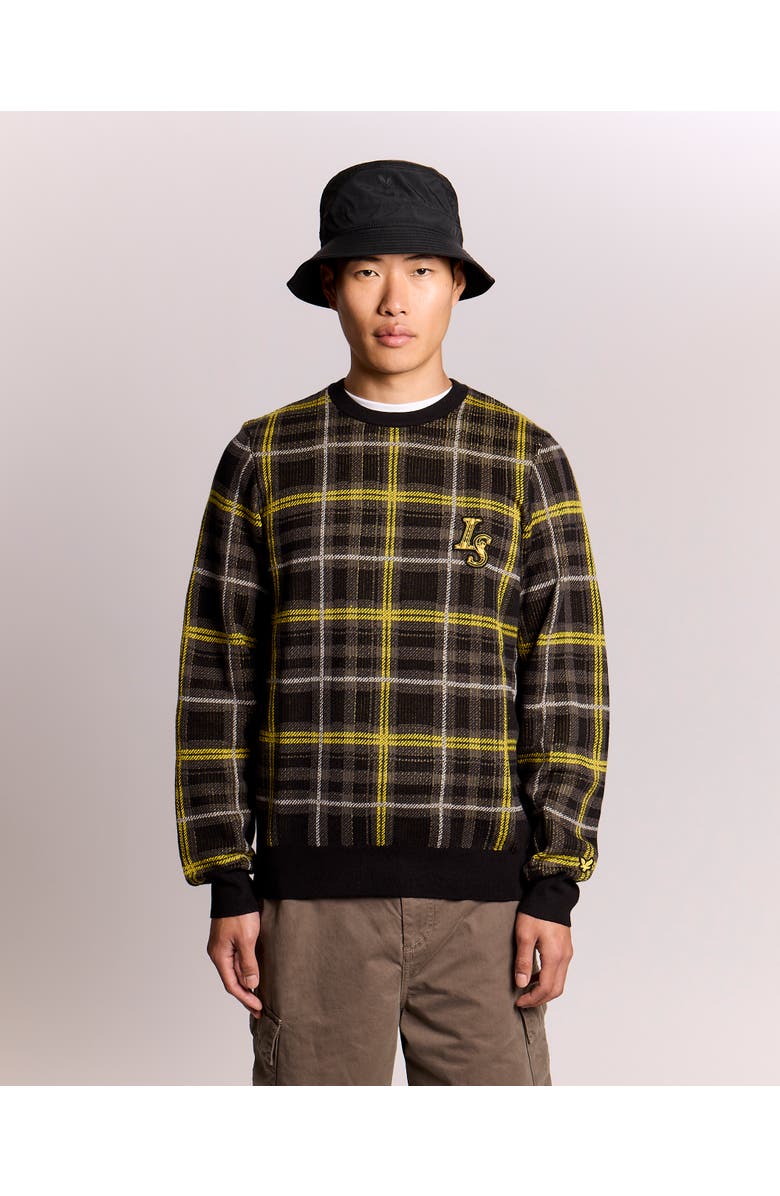 Lyle & Scott Ribbed Jacquard Tartan Crew Neck, Main, color, Jet Black