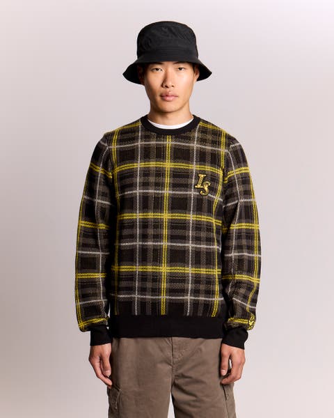 Ribbed Jacquard Tartan Crew Neck