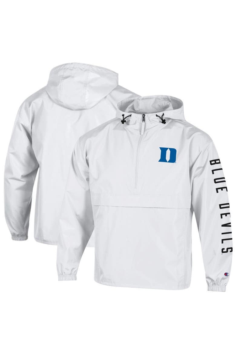 Men's Champion  White Duke Blue Devils Cloud Packable Half-Zip Hooded Jacket, Main, color, White