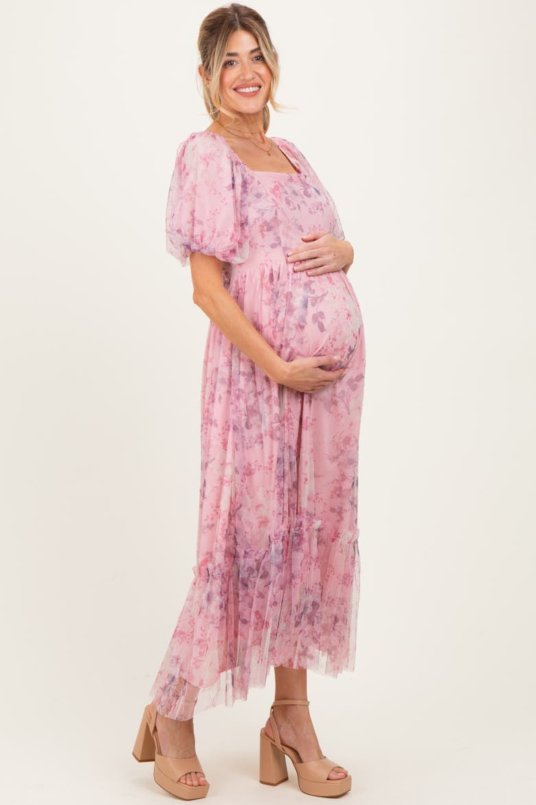 Floral Printed Tulle Puff Sleeve Midi Dress, Alternate, color, Pink