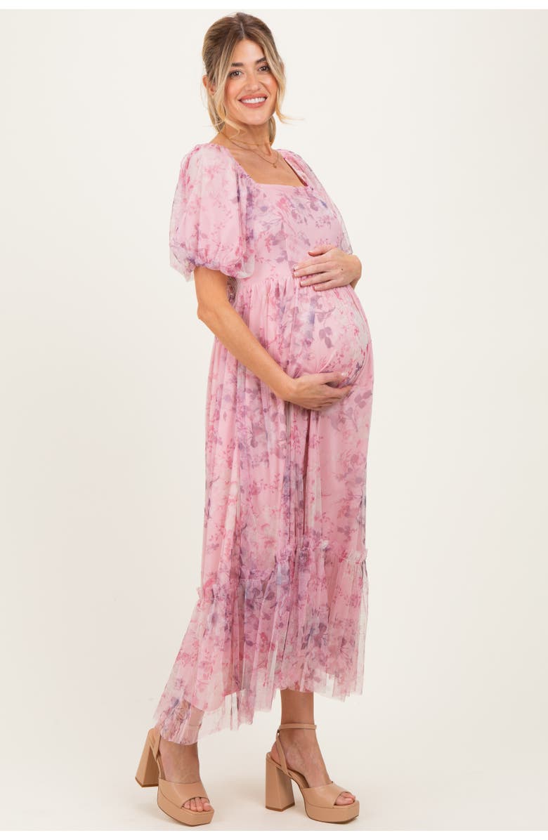 PinkBlush Floral Printed Tulle Puff Sleeve Midi Dress, Alternate, color, Pink