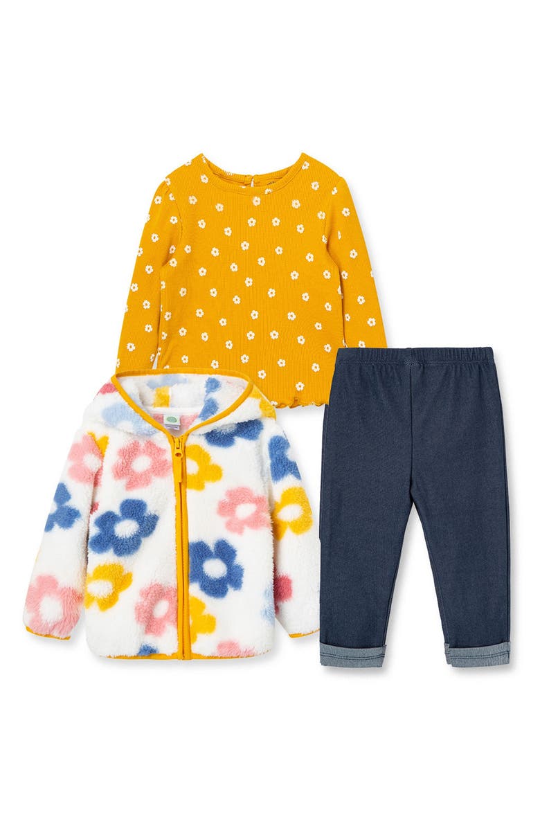 Little Me Floral Print Fleece Jacket, Long Sleeve Shirt & Leggings Set, Main, color, 