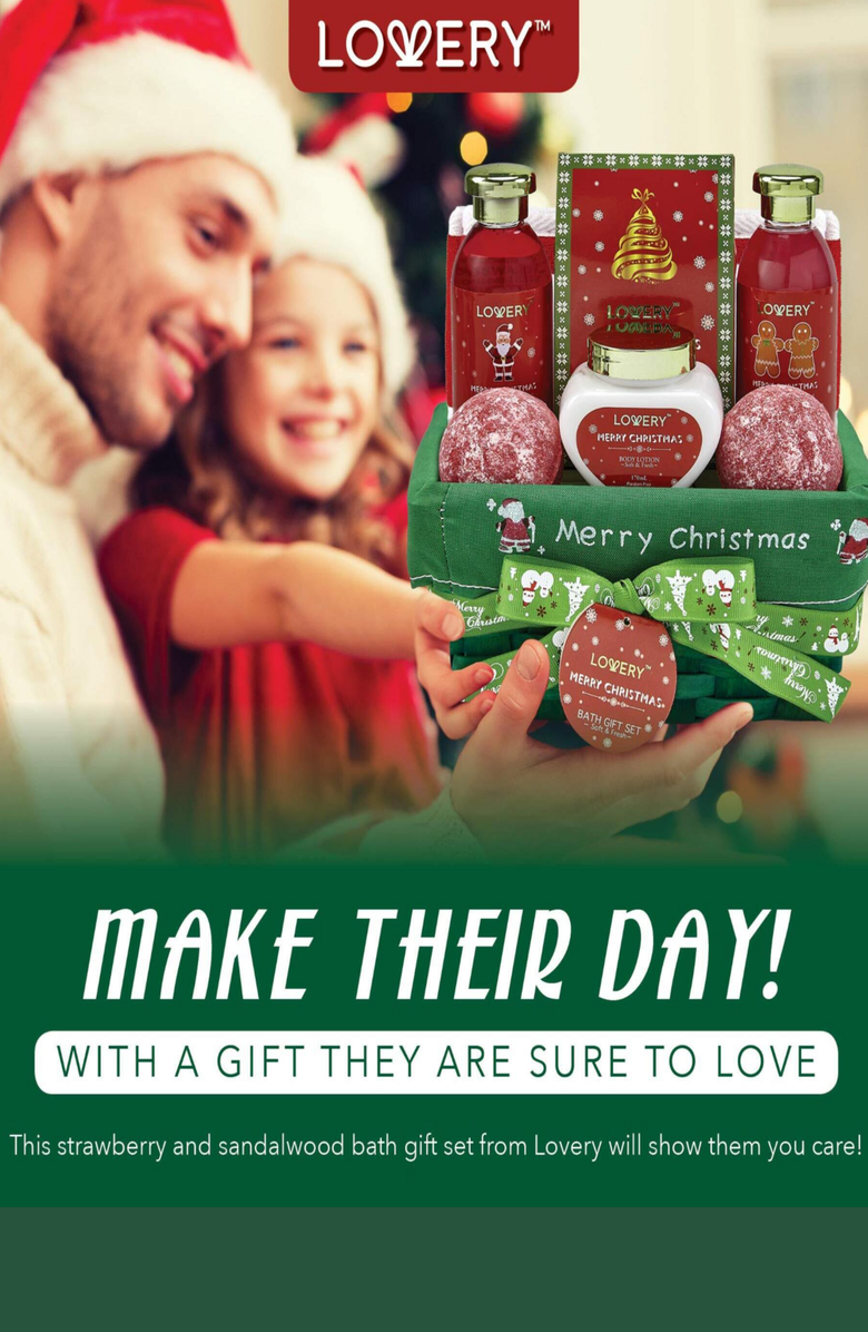 Lovery Strawberry & Sandalwood Merry Christmas Spa Gift Basket, Alternate, color, Strawberry