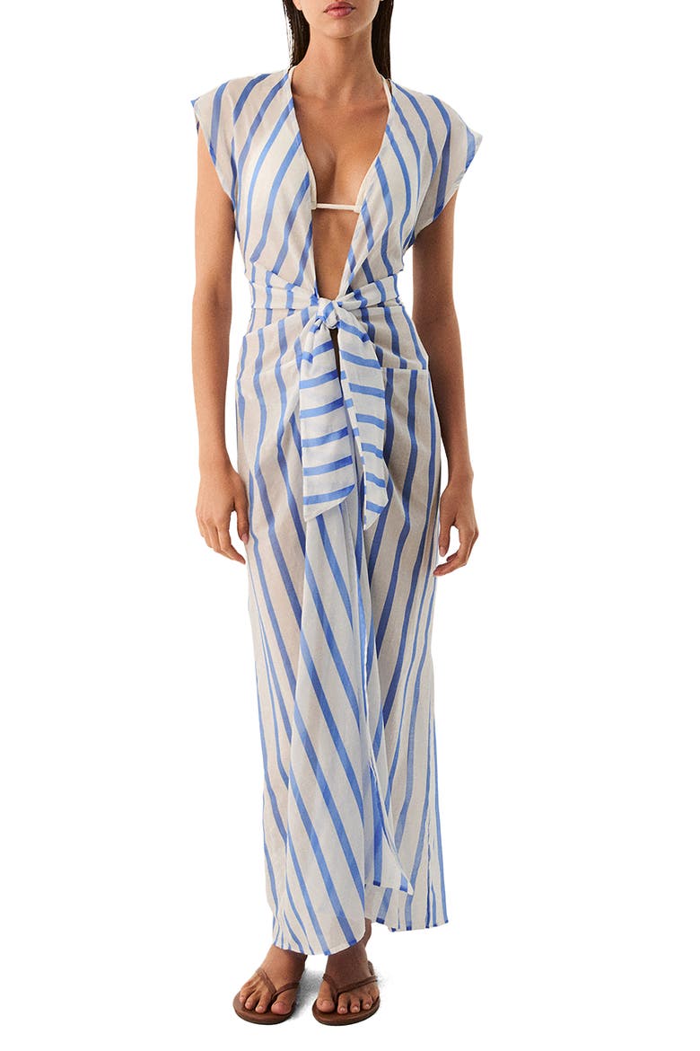 Sasha Tie Front Cotton Cover-Up Dress, Main, color, BLUE/ WHITE MULTI