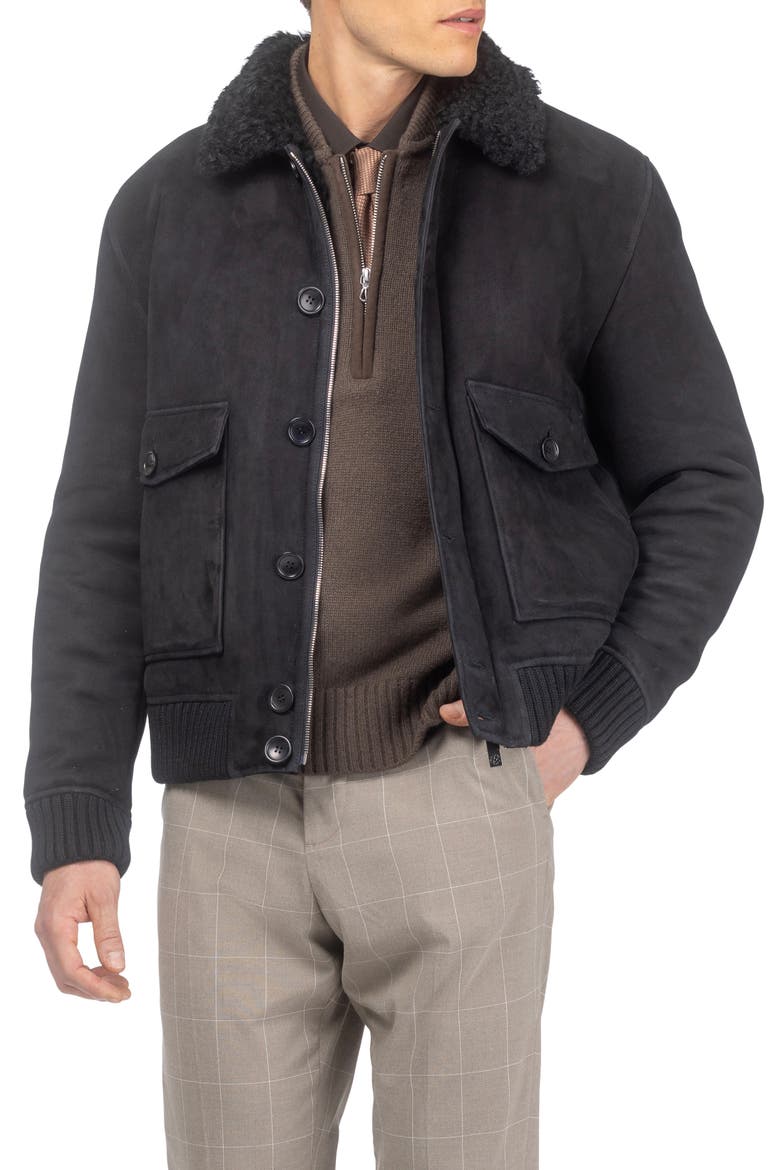 Men's Genuine Shearling Bomber Jacket, Suede Finish, Alternate, color, Black