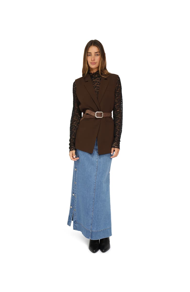 Belle & Bloom Edge Line Denim Maxi Skirt with Side Buttons, Alternate, color, Dark Blue