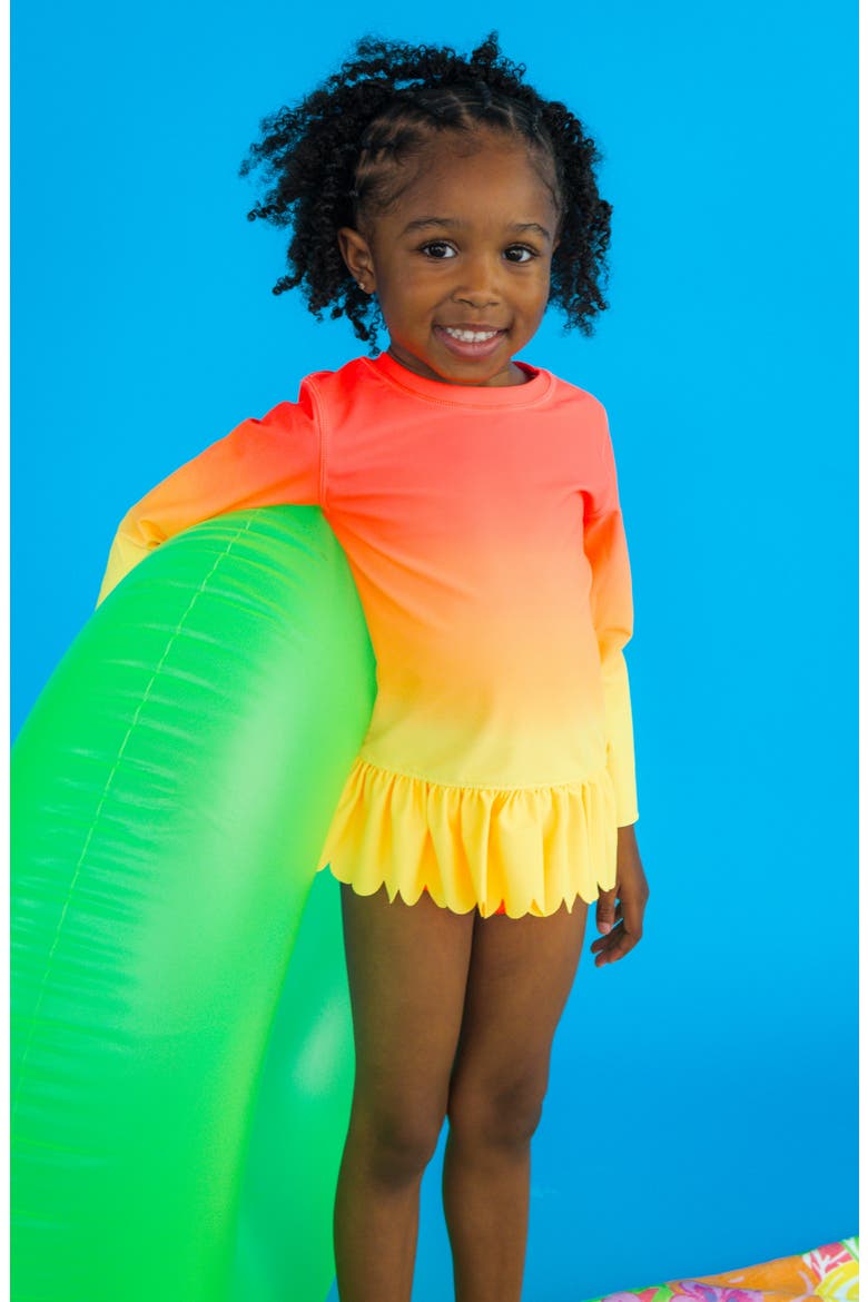 Kids' Neon Citrus Sunrise Long Sleeve Two-Piece Rashguard Swimsuit, Alternate, color, ORANGE