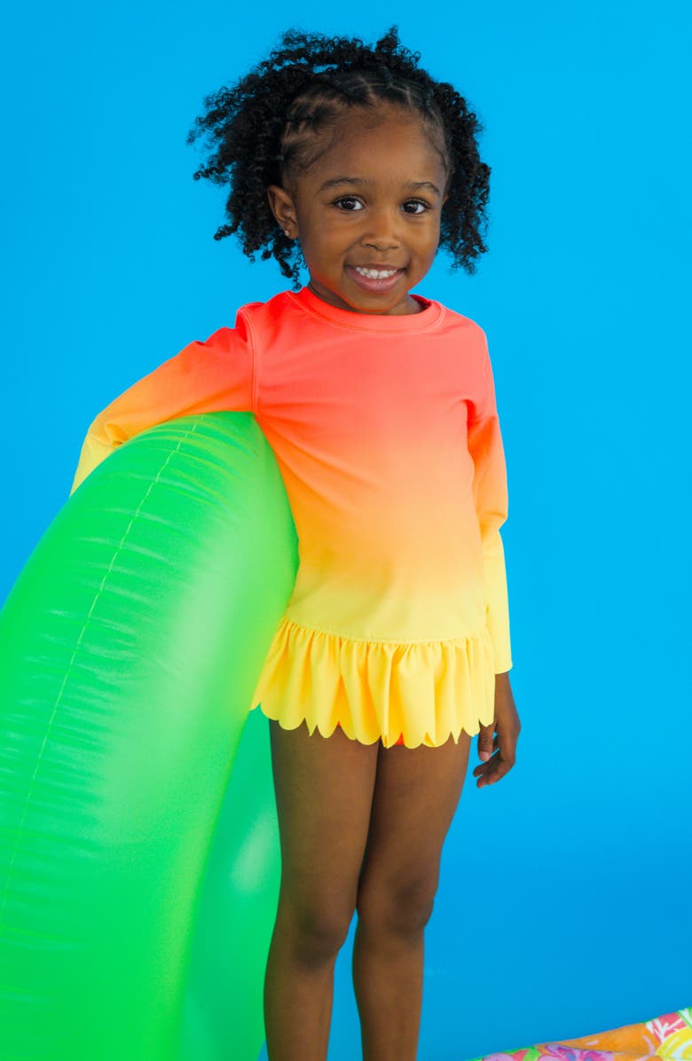 RuffleButts Kids' Neon Citrus Sunrise Long Sleeve Two-Piece Rashguard Swimsuit, Alternate, color, Orange