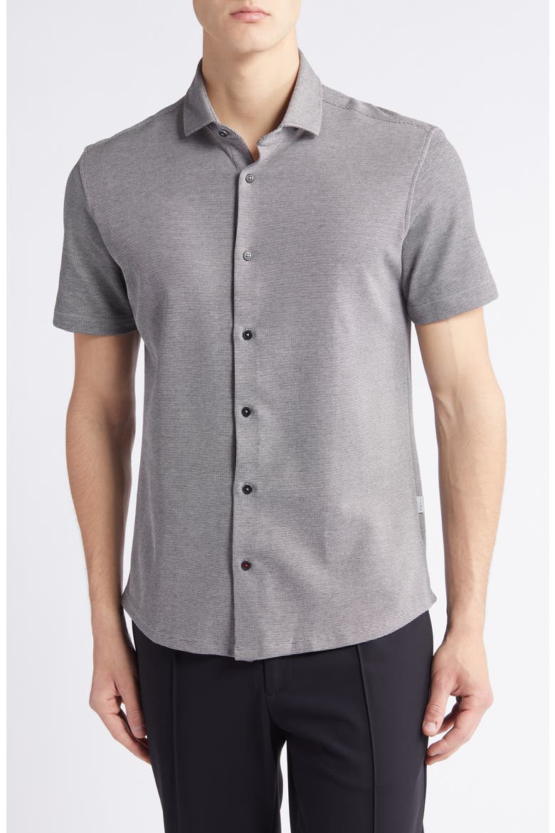 Solid Technical Piqué Knit Short Sleeve Button-Up Shirt, Main, color, BLACK