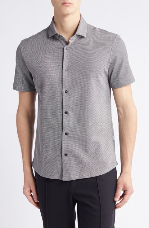 Solid Technical Piqué Knit Short Sleeve Button-Up Shirt