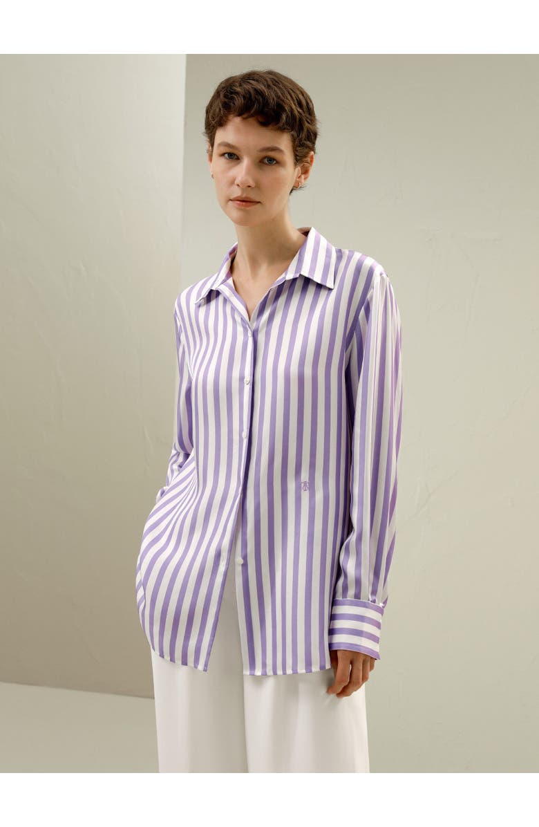 Lilysilk Women's Classic Striped Silk Shirt, Alternate, color, Lilac-White Pinstripes