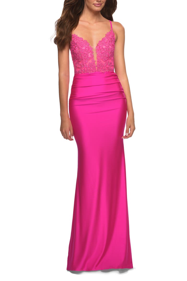 Neon Prom Dress with Beautiful Lace Bodice and Jersey Skirt, Main, color, NEON PINK