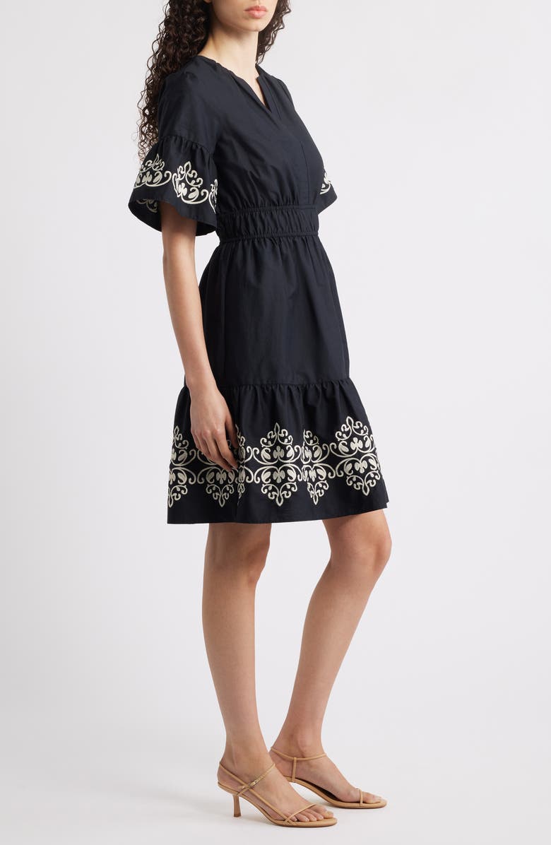 Vince Camuto Embroidered Smocked Waist Dress, Alternate, color, Black