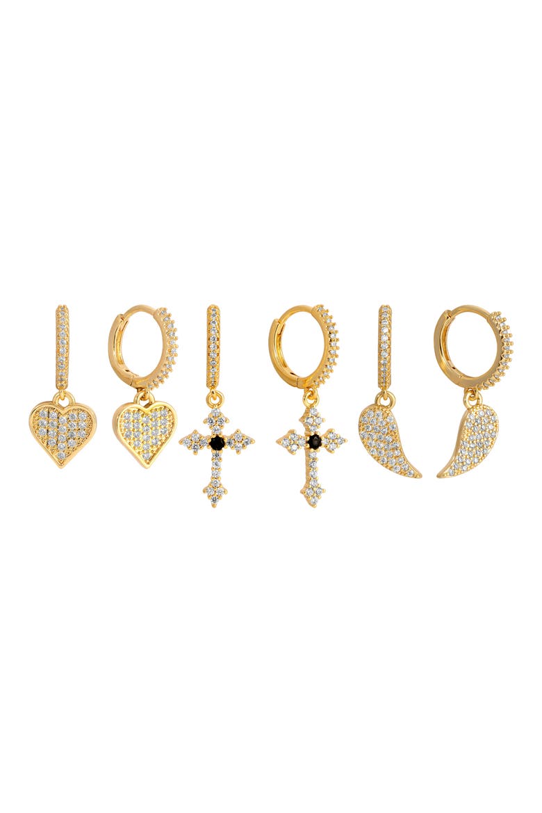 Audrey Set of 3 Cubic Zirconia Drop Huggie Hoop Earrings, Main, color, GOLD