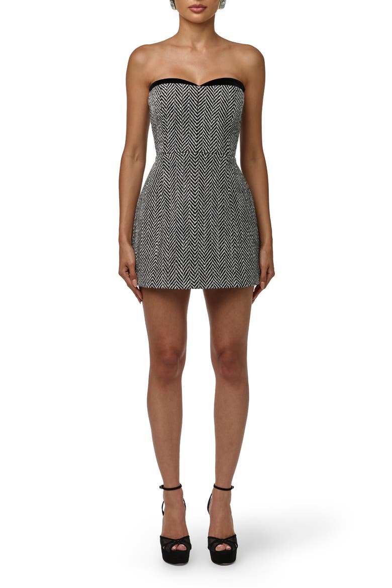 Herringbone Strapless Minidress, Main, color, BLACK HERRINGBONE