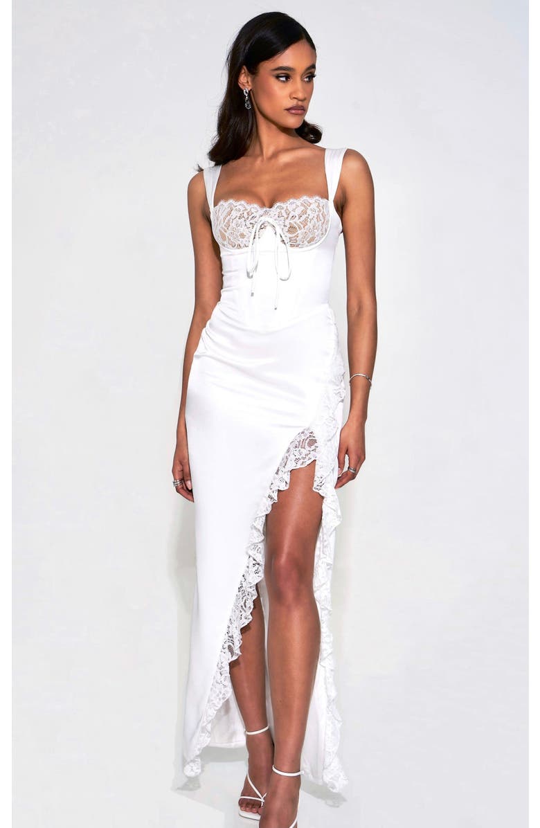 Miss Circle Fraddie Lace Satin Maxi Corset Dress, Main, color, White
