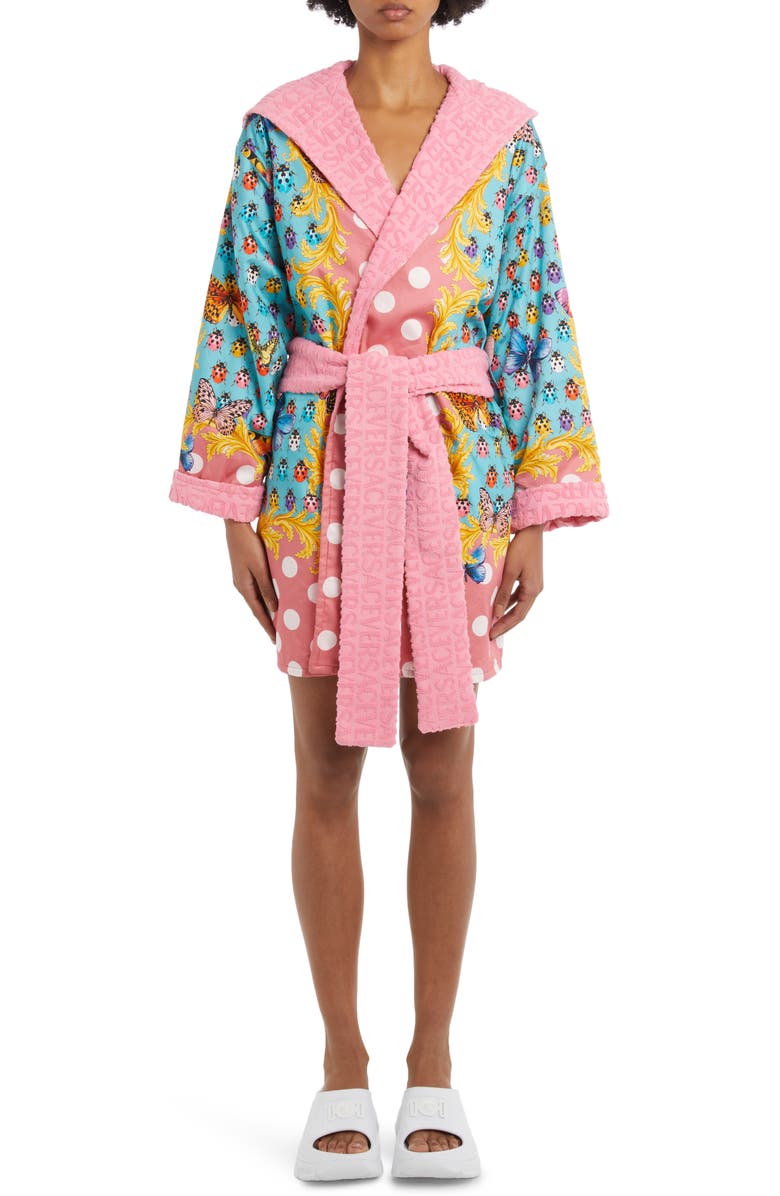Versace Short Cotton Hooded Robe, Main, color, 
