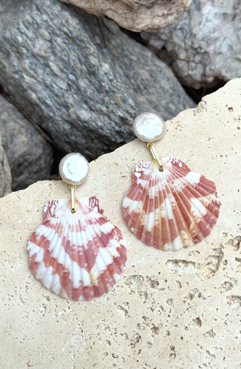 Adornia Faux Pearl Shell Drop Earrings, Alternate, color, Pink