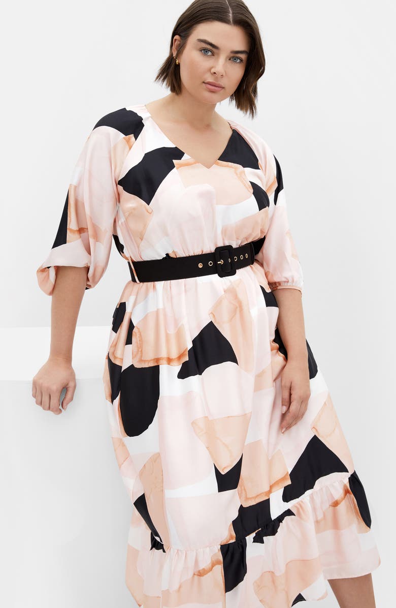 City Chic Betty Belted Midi Dress, Alternate, color, Playful Pink/ Coral Multi