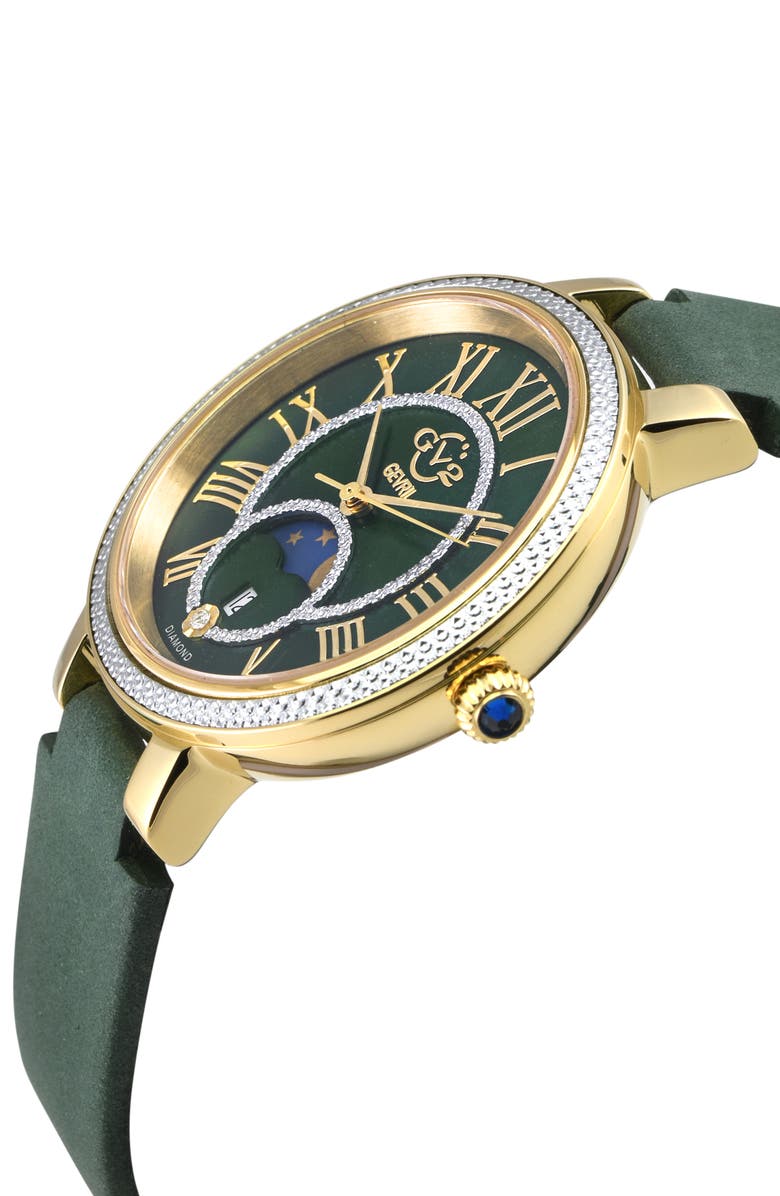GV2 Genoa Diamond Embellished Leather Strap Watch, 37mm, Alternate, color, Green
