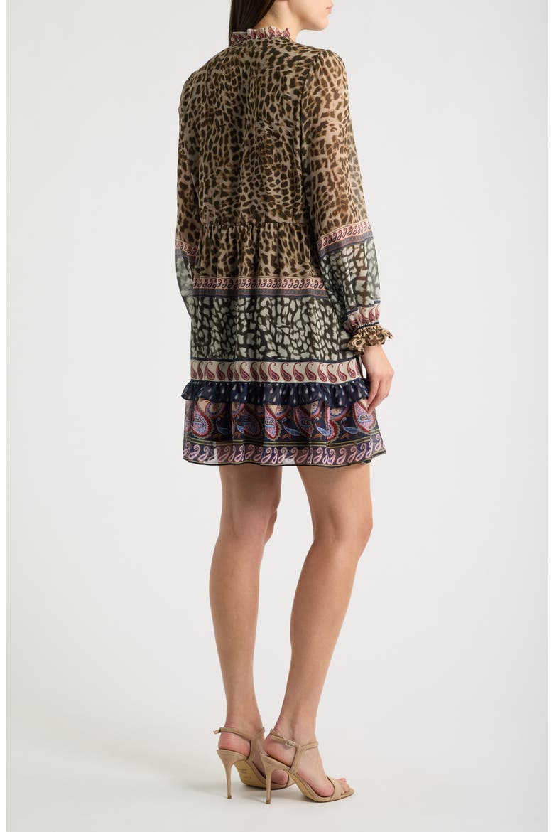 Mixed Print Long Sleeve Tiered Dress, Alternate, color, BROWN MULTI