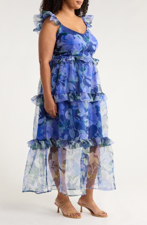Sugarlips Mylie Floral Ruffle Tiered Organza Maxi Dress In Blue