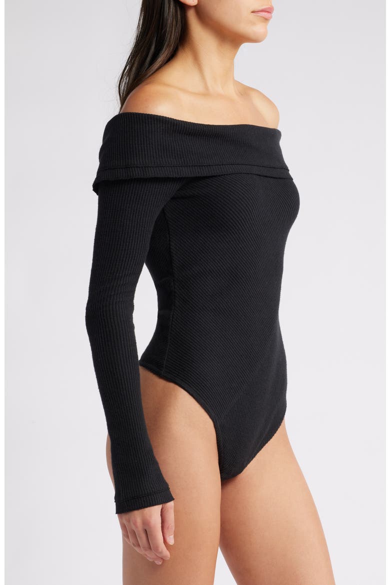 Autumn Cozy Off the Shoulder Waffle Stitch Bodysuit, Alternate, color, BLACK