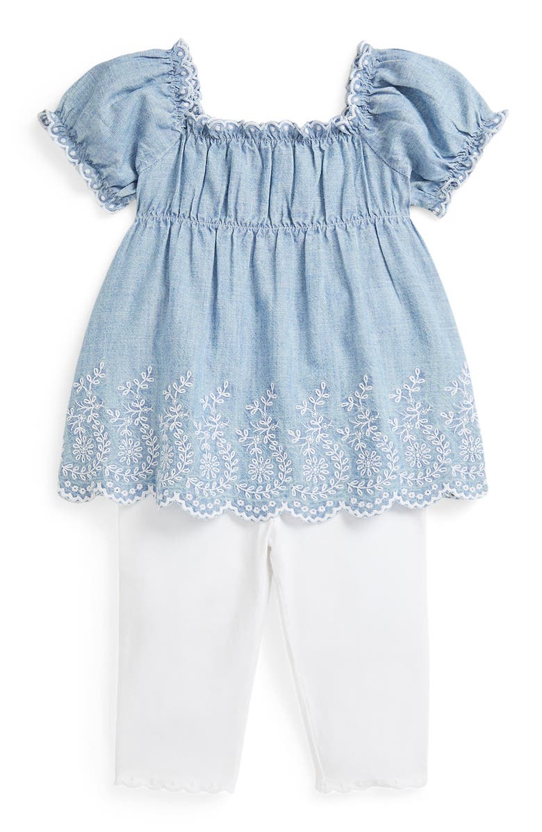 Ralph Lauren Embroidered Cotton Chambray Top & Leggings Set, Main, color, 