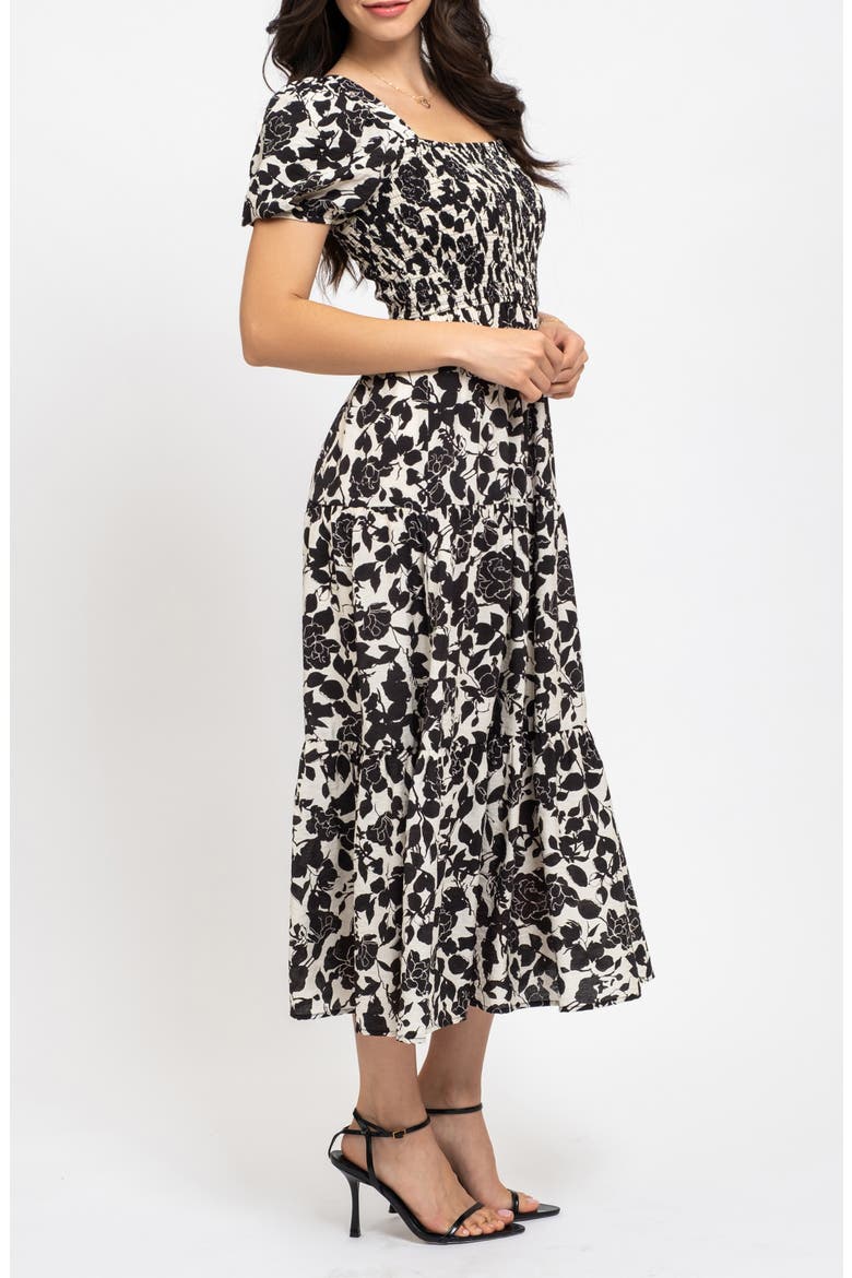Floral Puff Sleeve Smocked Midi Dress, Alternate, color, BLACK MULTI