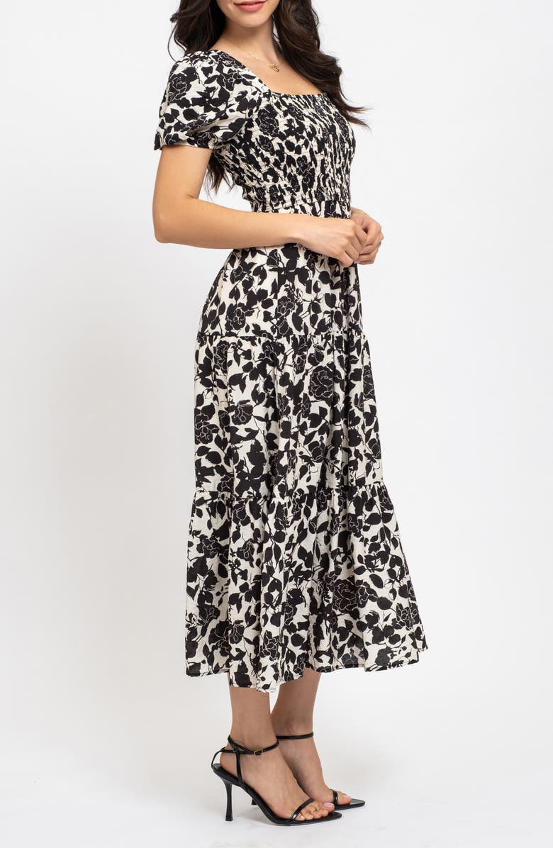 AUGUST SKY Puff Sleeve Smocked Midi Dress, Alternate, color, Black Multi