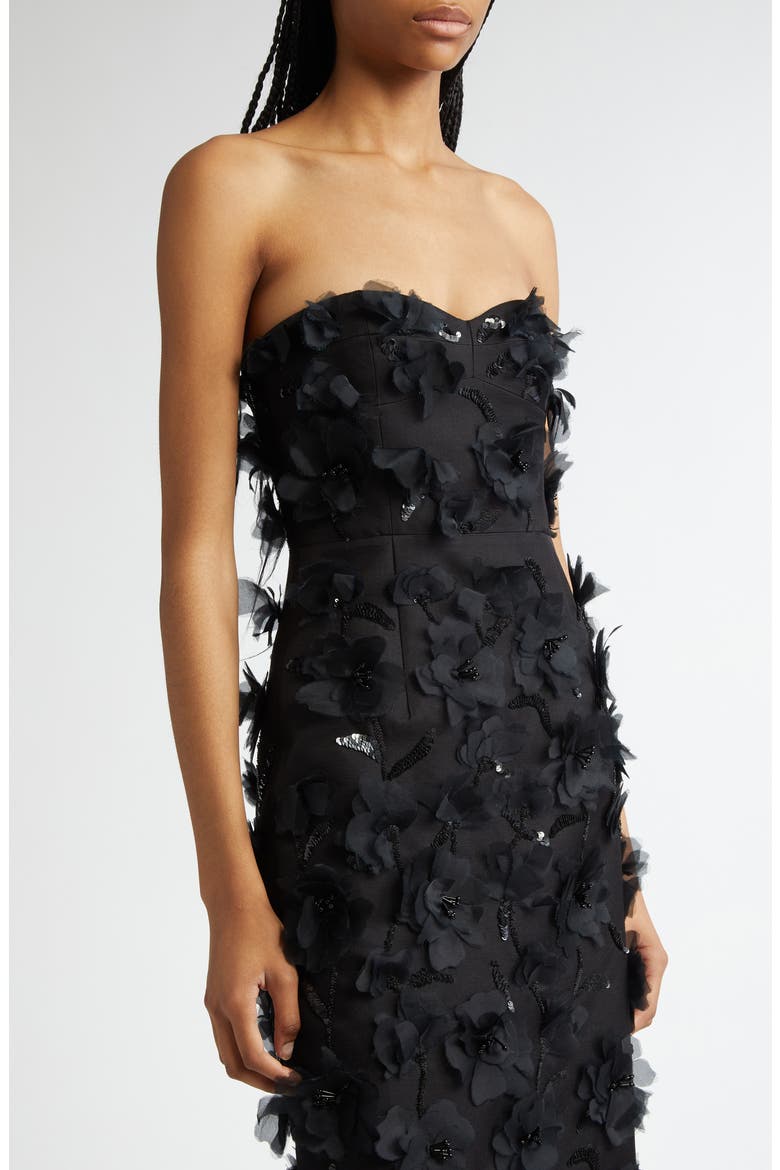 Floral Strapless Silk & Wool Dress, Alternate, color, BLACK