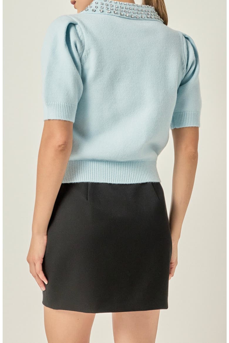 Rhinestone Collar Puff Sleeve Sweater, Alternate, color, ICY BLUE