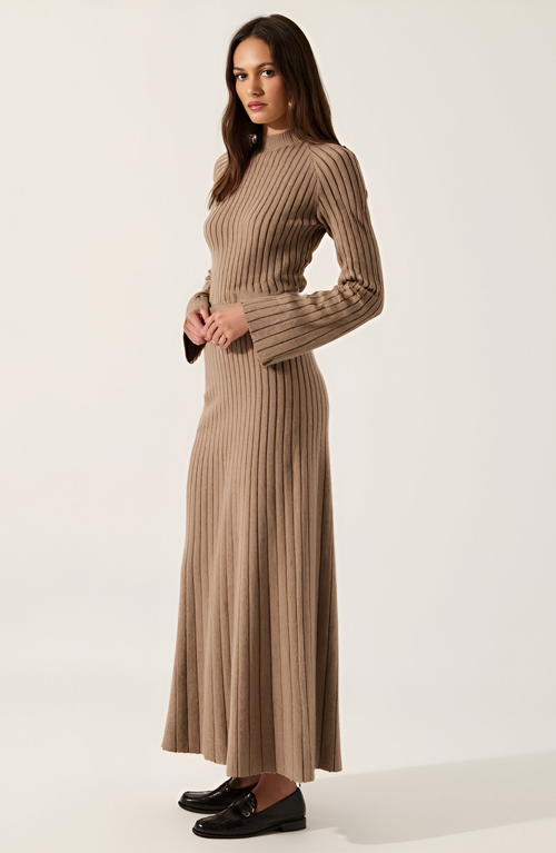 Modenaire Ribbed Knit Long Sleeve Maxi Dress With Flared Cuffs And Fit-and-flare In Brown