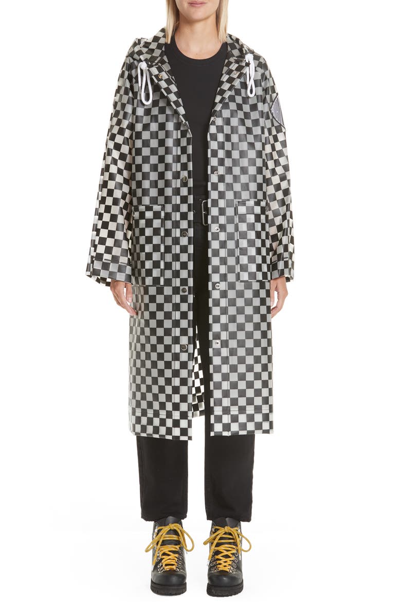 PSWL Checkerboard Hooded Raincoat, Alternate, color, BLACK/ WHITE